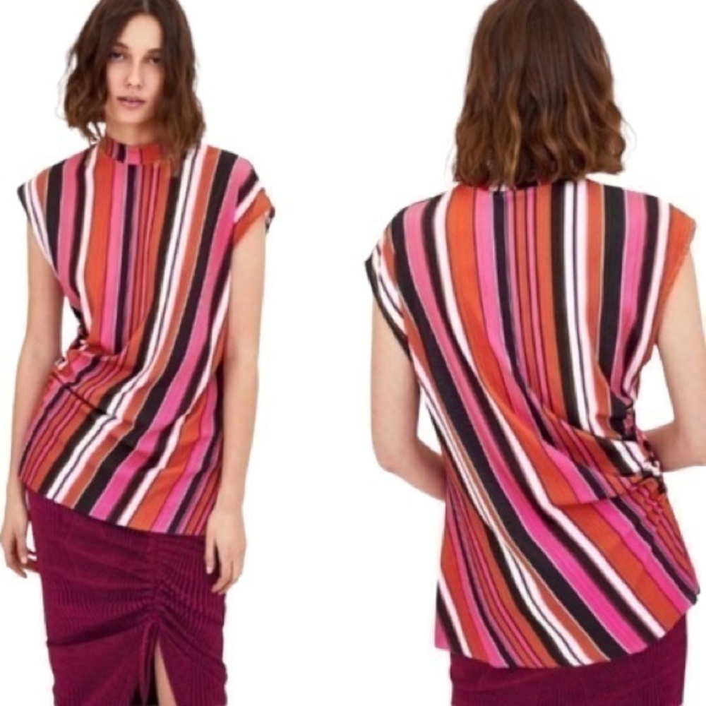 Zara Colorful Retro Striped Mock Neck Ruched Sleeveless Shirt